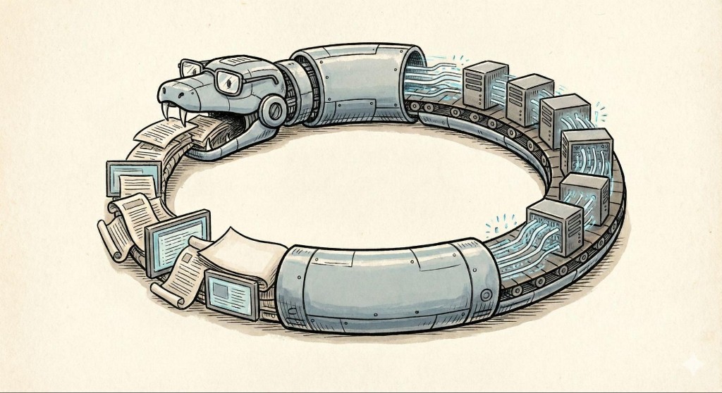 Illustration: a robotic ouroboros of papers, servers, and cables—technology feeding back into itself.